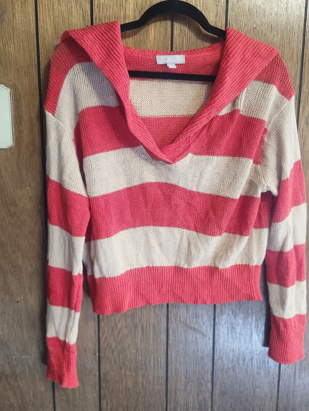 J.Crew Coral & Beige Striped Linen Cotton Hooded Sweater Size S Coastal Preppy • - Picture 2 of 5